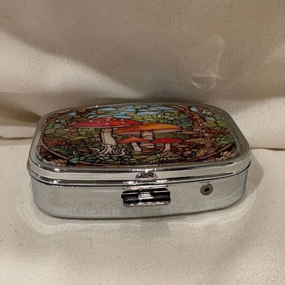 Whimsical Mushroom Forest Travel Pill Box 2 Compartment Medicine Pill Case NEW - Picture 3 of 5